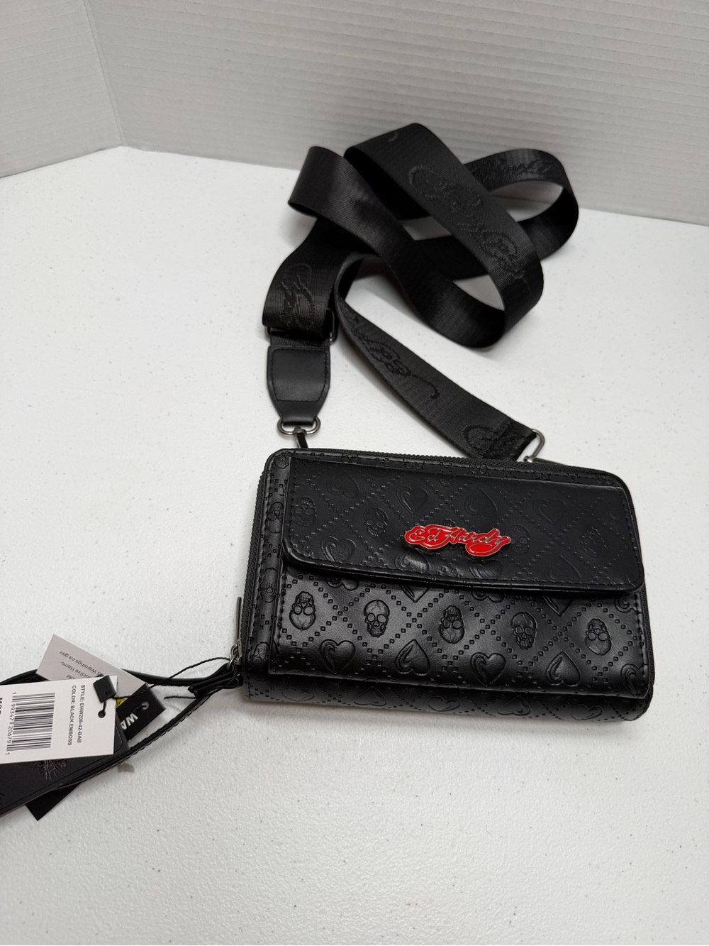Ed Hardy Black Embossed Crossbody Wallet with Red Logo
